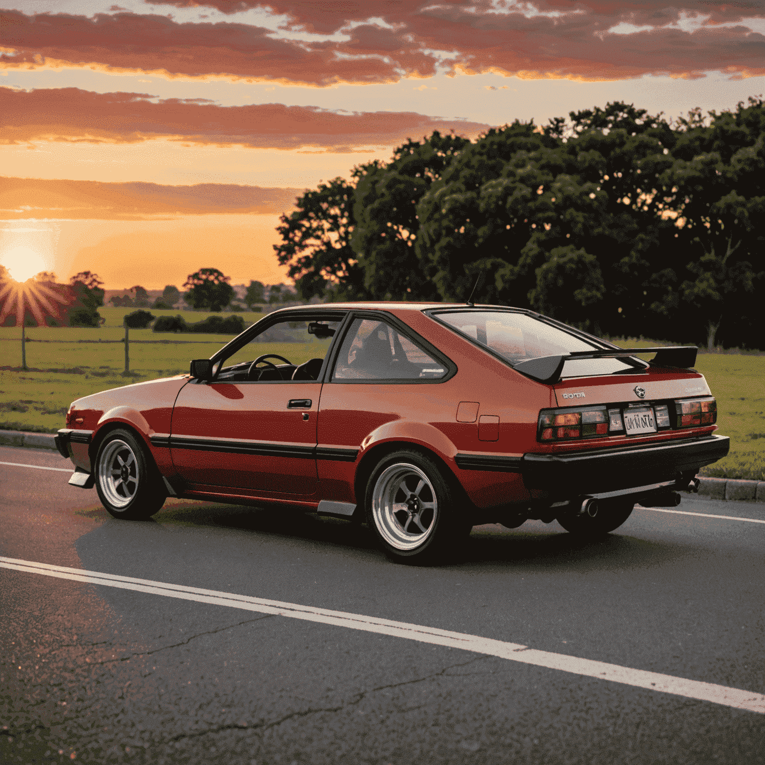 赤いトヨタAE86が夕日の中で輝いている。車体は完璧に復元され、クロームパーツが光っている。