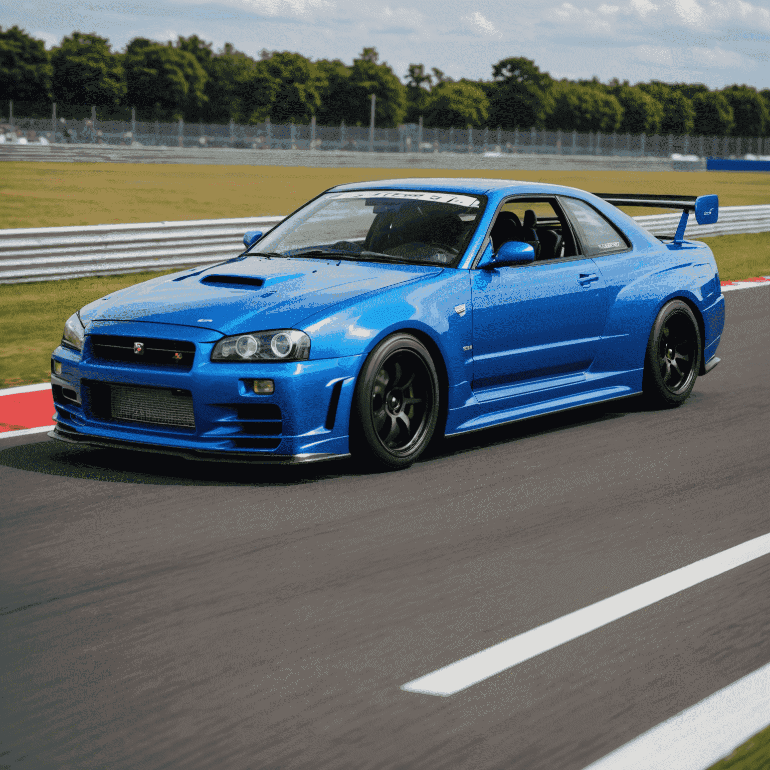 サーキットを疾走する青いR34スカイラインGT-R。四輪駆動システムと特徴的なリアウイングが目を引く。