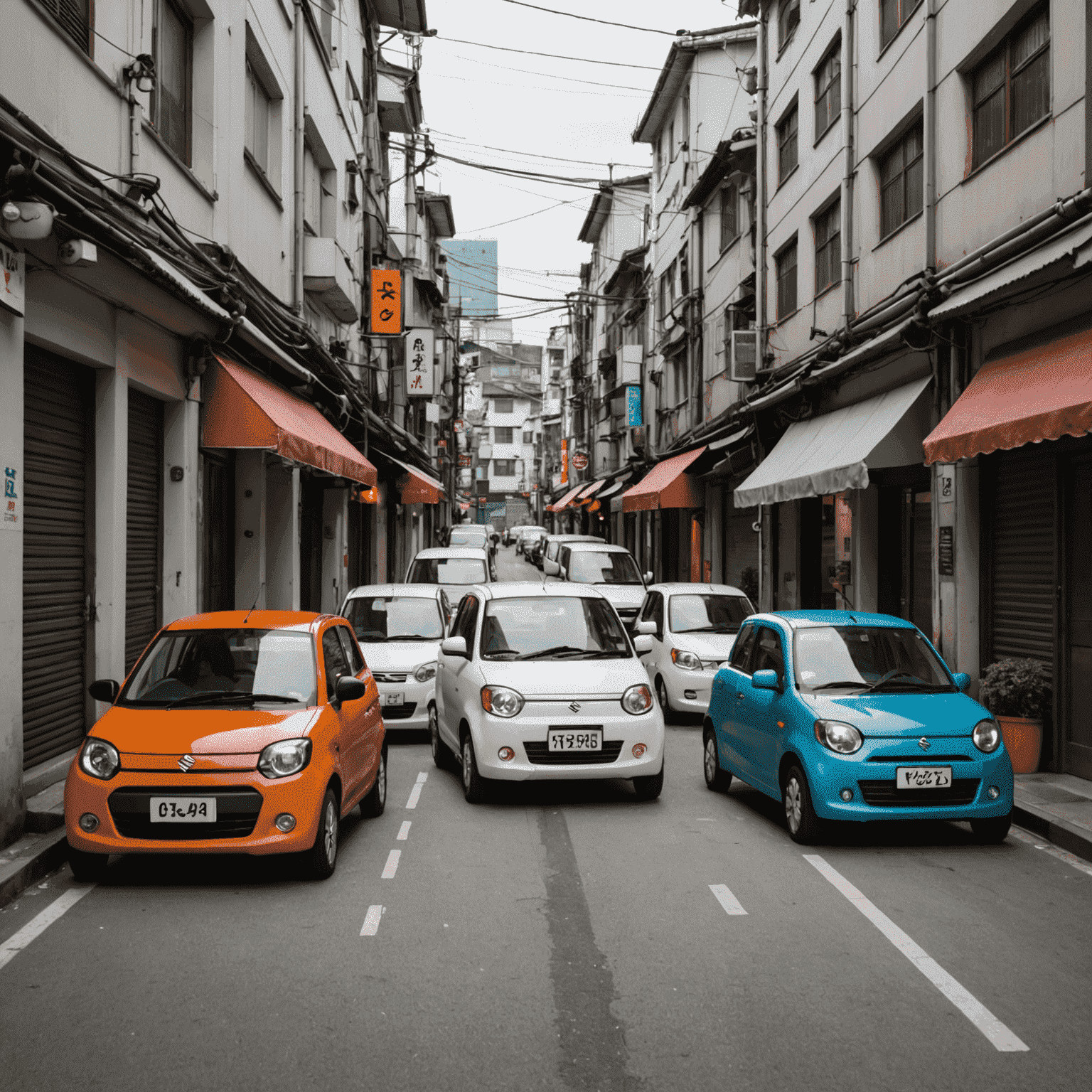 様々な軽自動車が都市の狭い道路に駐車している画像。スズキアルト、ダイハツコペン、ホンダN-BOXなどが含まれる。