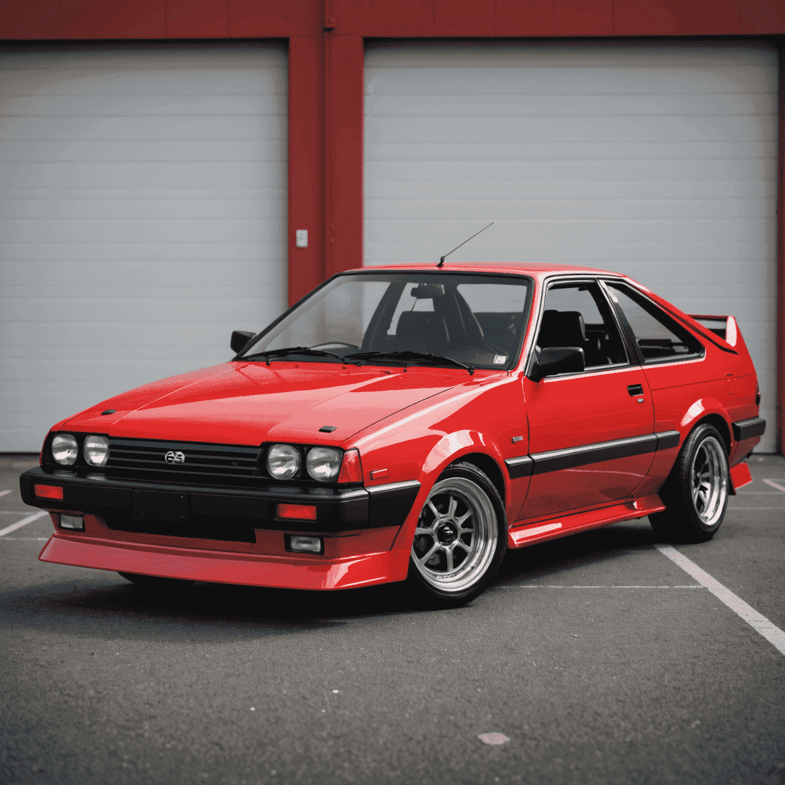 完璧に塗装されたAE86の外装。光沢のある赤い塗装が施され、クロームパーツが輝いている。