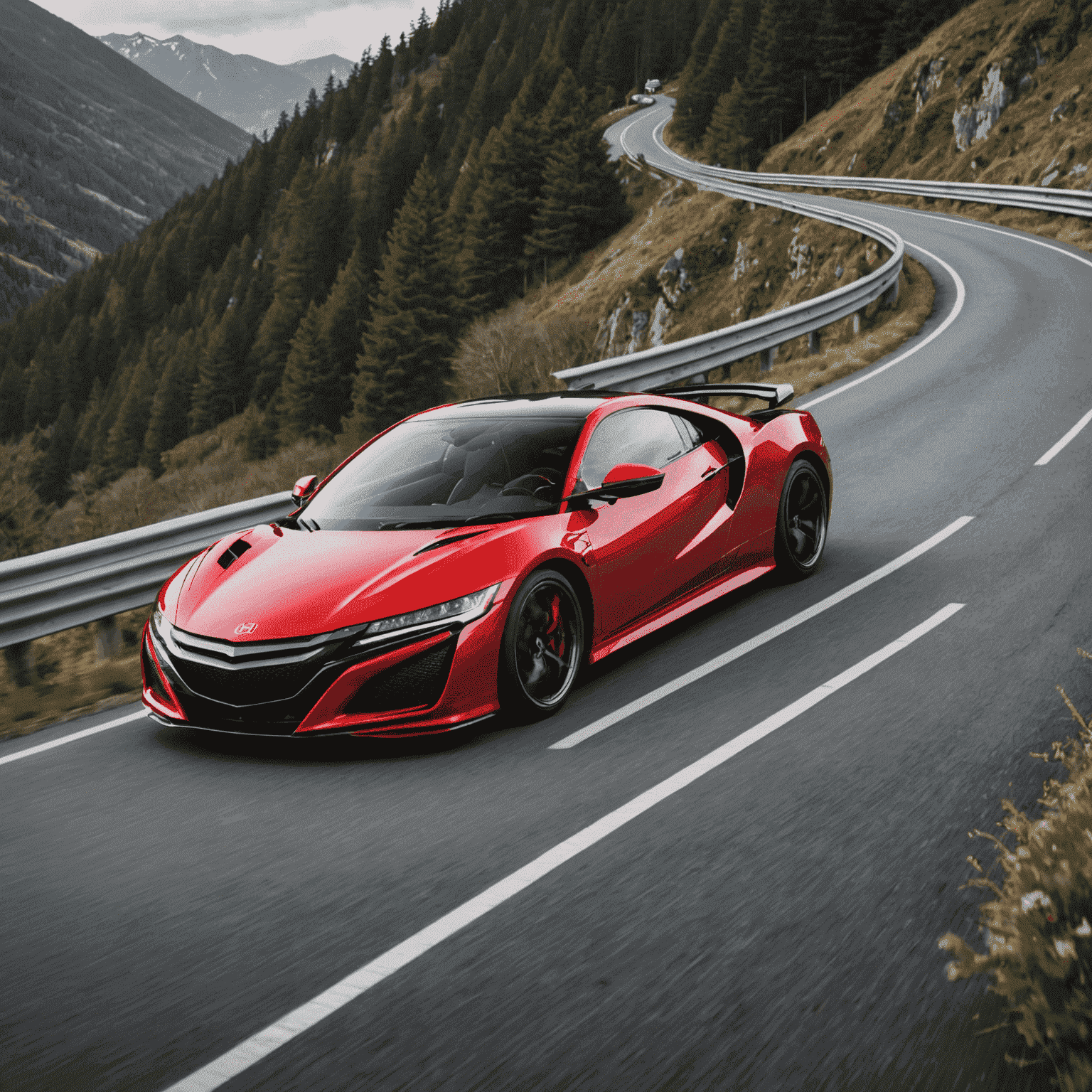 山道を走る赤いホンダNSX。低重心のミッドシップレイアウトと鋭角的なデザインが特徴。