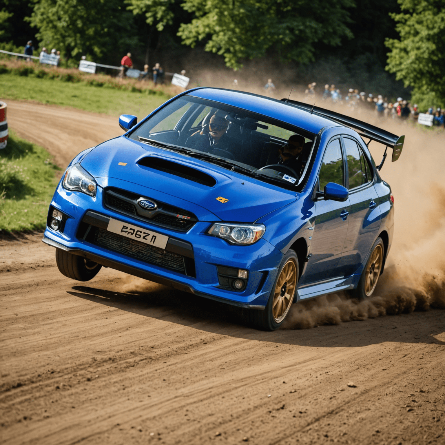 ラリーコースを疾走するブルーのインプレッサWRX STi。大型スクープとゴールドのホイールが目立つ。